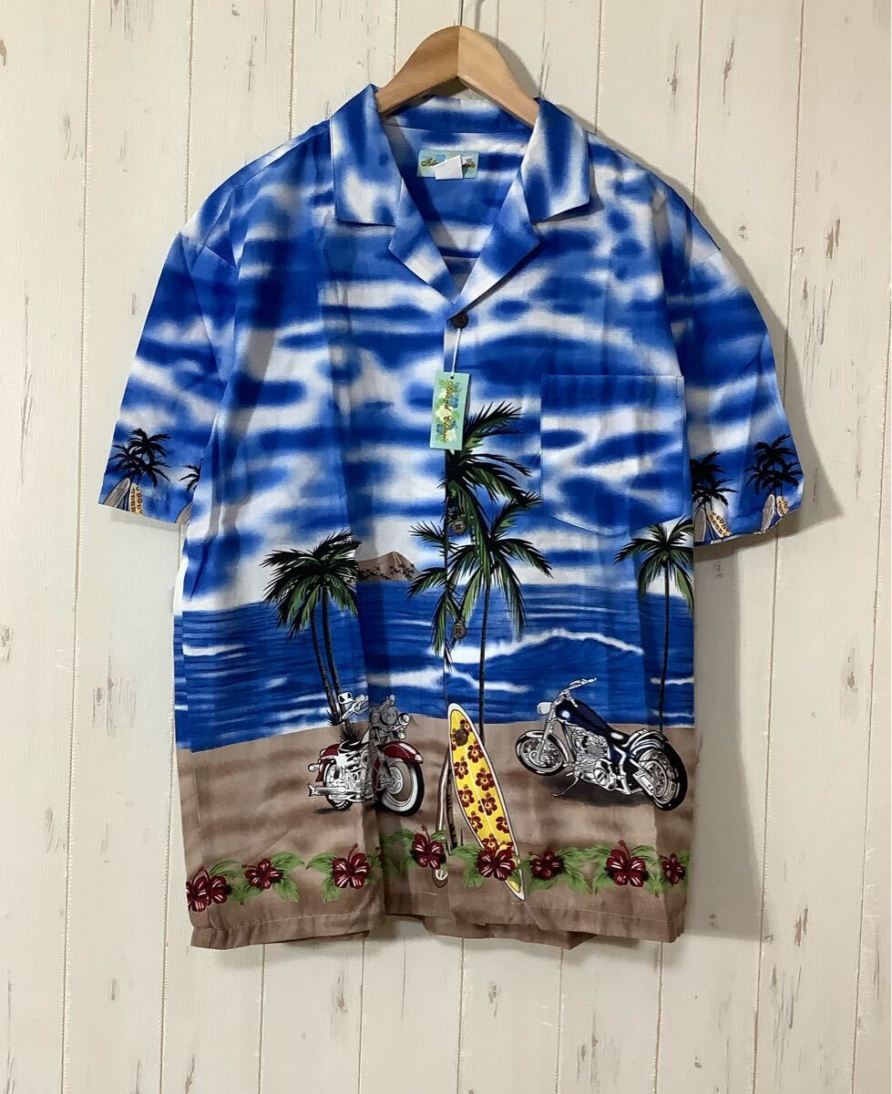 む1624 タグ付き ISLAND CLASSIC アイランドクラシック 総柄 アロハシャツ 半袖シャツ 開襟シャツ L ブルー 椰子の木 バイク サーフボード拍卖