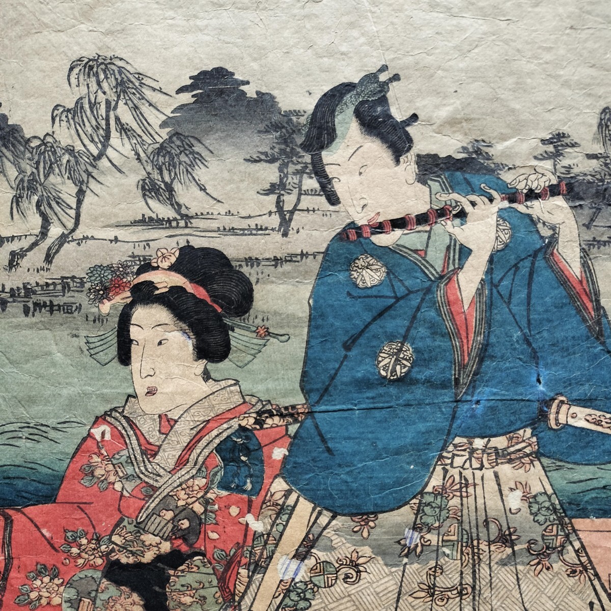 江戸期/真作 歌川国貞「源氏絵」本物浮世絵木版画 役者絵 歌舞伎 芝居絵 錦絵 大判 裏打ち拍卖