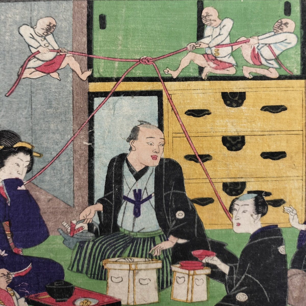 面白い戯画!明治期/真作 昇斎一景「教訓善悪鏡 善 六」本物浮世絵木版画 諷刺画 錦絵 中判 裏打ち拍卖