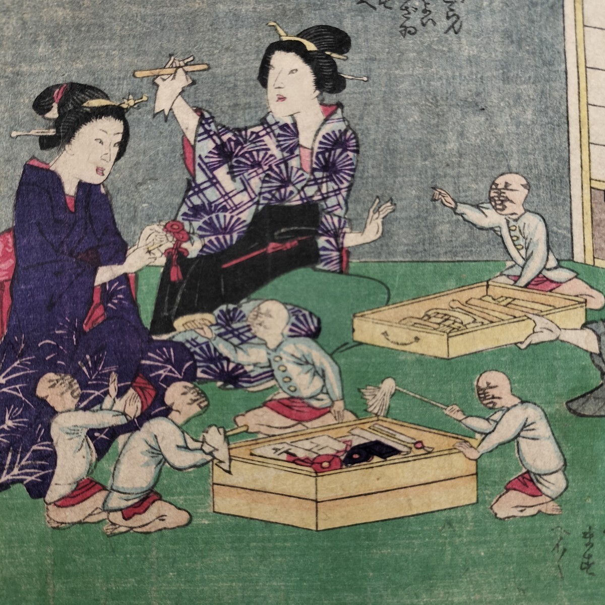 面白い戯画!明治期/真作 昇斎一景「教訓善悪鏡 善 七」本物浮世絵木版画 諷刺画 錦絵 中判 裏打ち拍卖