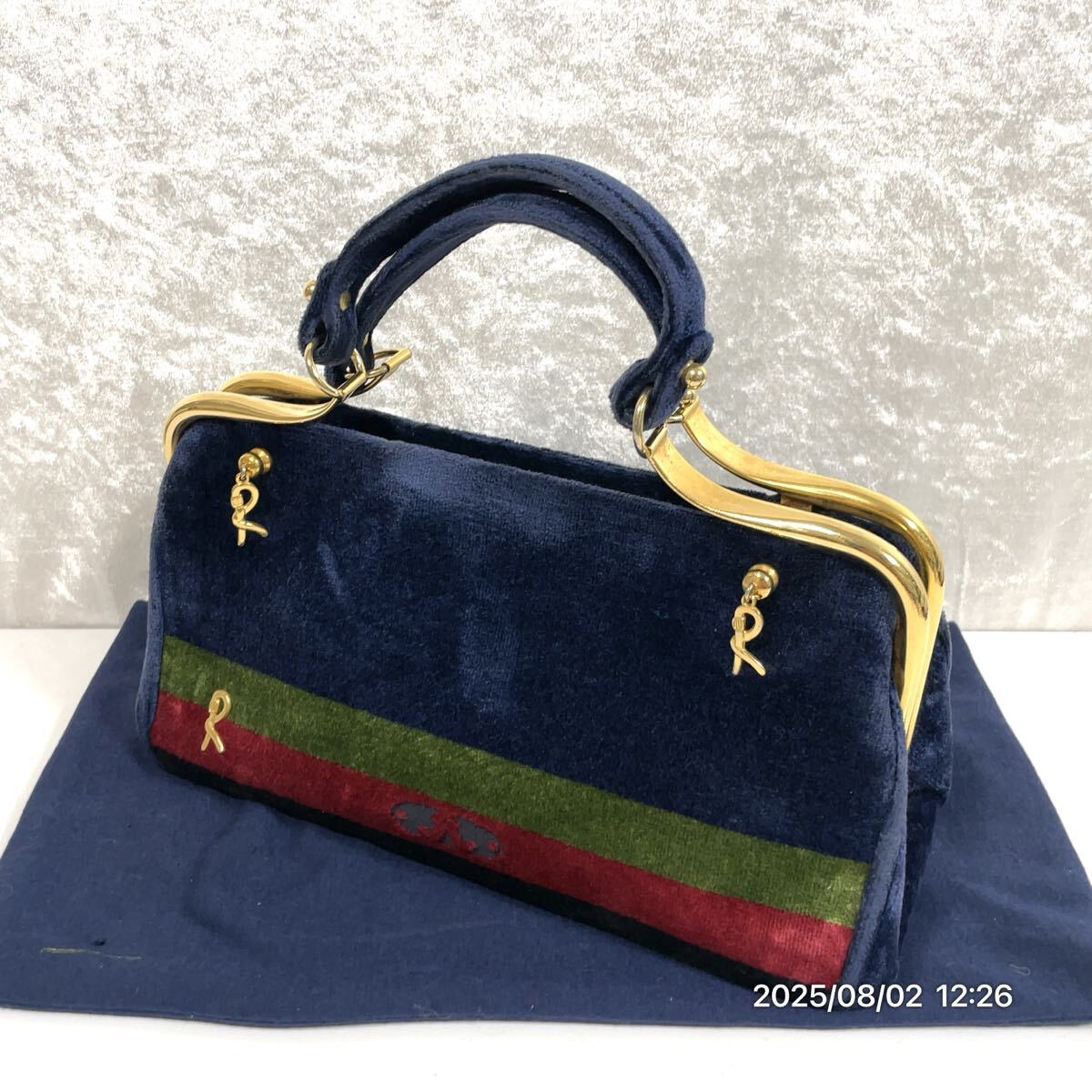 Roberta ロベルタディカメリーノ Rロゴ ゴールドカラー金具 マルチカラー ベロア素材 がま口風 ハンドバッグ トートバッグ かばん 鞄拍卖