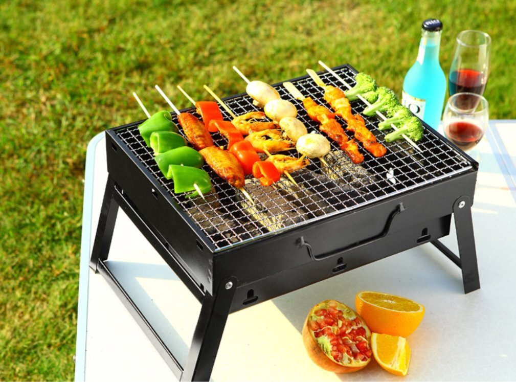 バーベキューコンロ 鉄 コンパクト 卓上型 折り畳み グリル BBQコンロ 網付き 取っ手付き キャンプ バーベキューグリル 炭火 お花見拍卖