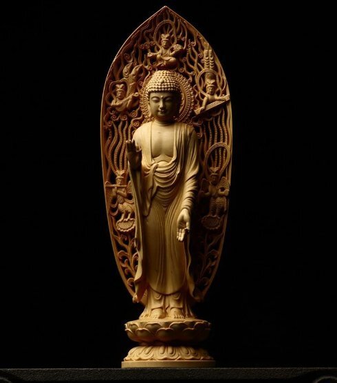 黄楊木彫立蓮仏様置物蓮華台屏風釈迦仏像供養家庭工芸ギフト拍卖