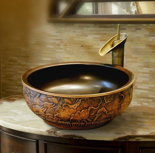 景徳鎮の陶磁の芸術の面盆ホテルの手と洗面所の台の上の盆の円をまねて復古します拍卖