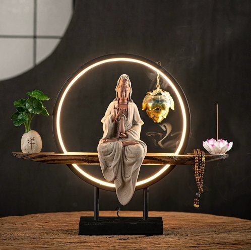 禅意灯圏観世音菩薩仏像置物アイデア巻き戻し香炉家庭客間玄関装飾拍卖