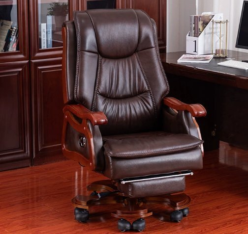 木製の椅子のボス回転回転することができます牛革の椅子を持って横たわることができますオフィスチェアの足を置く拍卖