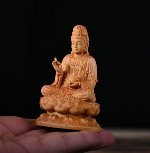 崖柏念珠浄瓶観音無垢材彫刻家室内古典客間菩薩仏像木製置物ギフト手作りです拍卖