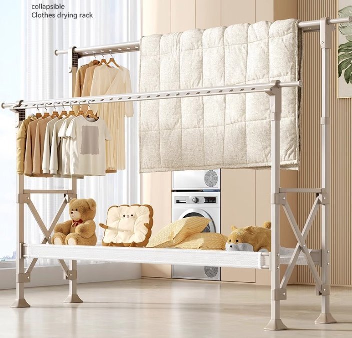 ベランダの物干し棚床に落として畳む室内家庭用昇降物干し竿伸縮棒穴なしの物干し布団干し棚拍卖