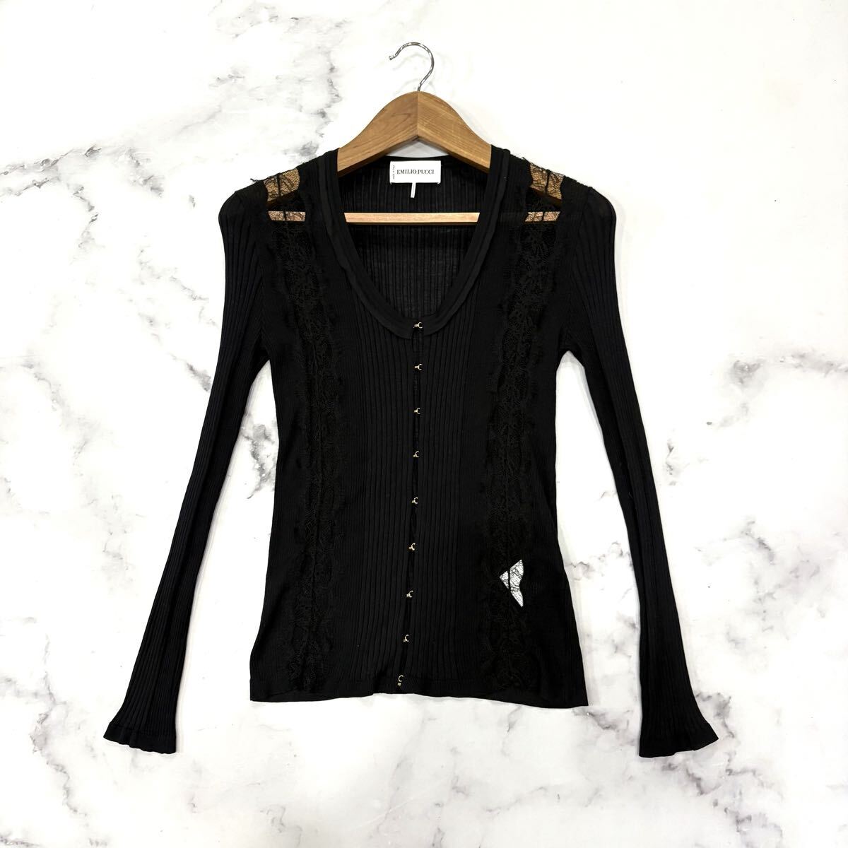 X ■ 良品 イタリア製 '高級感溢れる' EMILIO PUCCI エミリオプッチ 長袖 レース 切り替え ニット カーディガン 42 レディース トップス 拍卖