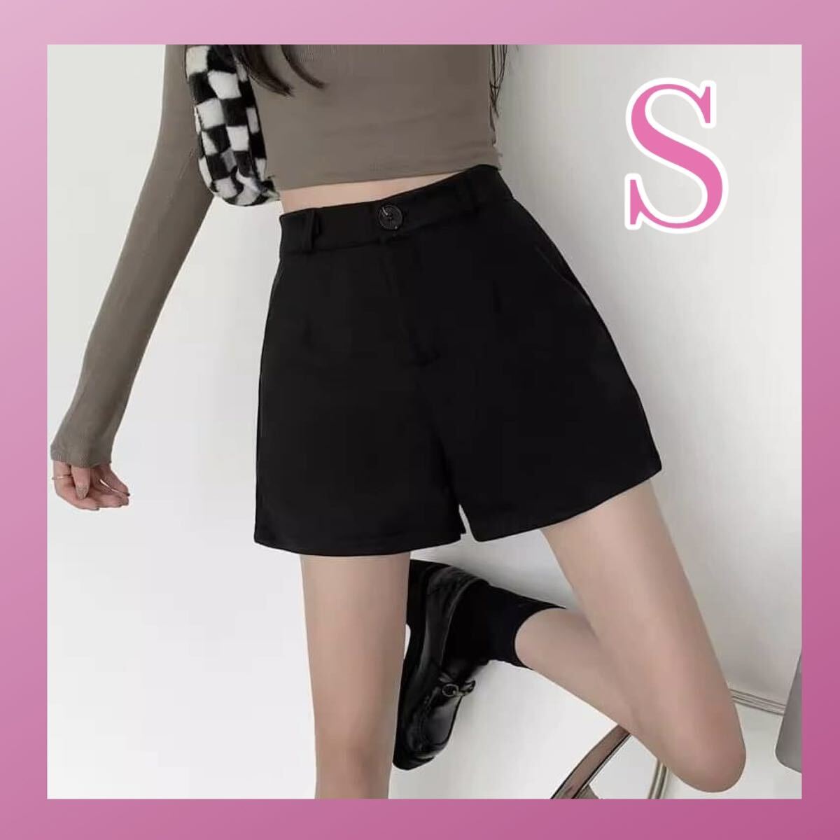 【残り1点】レディース 韓国 ショートパンツ ボトムス ハーフパンツ ピンタック ツータック 黒 S 衣装 リンクコーデ ブラック拍卖
