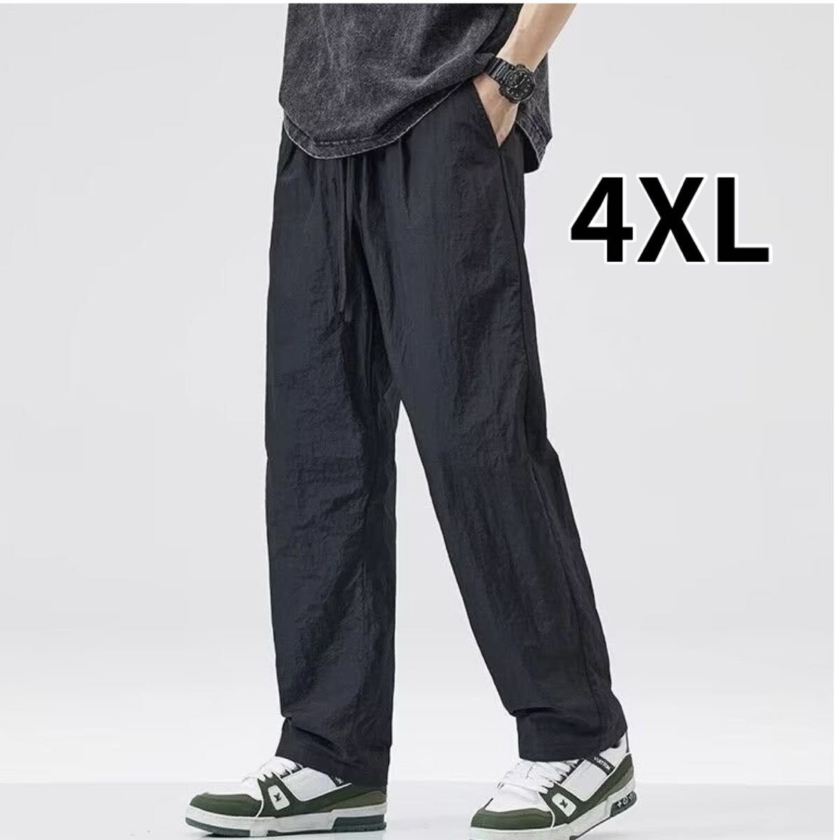 メンズ イージーパンツ 薄手 ワイドパンツ ストレート ストレッチ カジュアル 黒 ブラック 4XL 5L拍卖