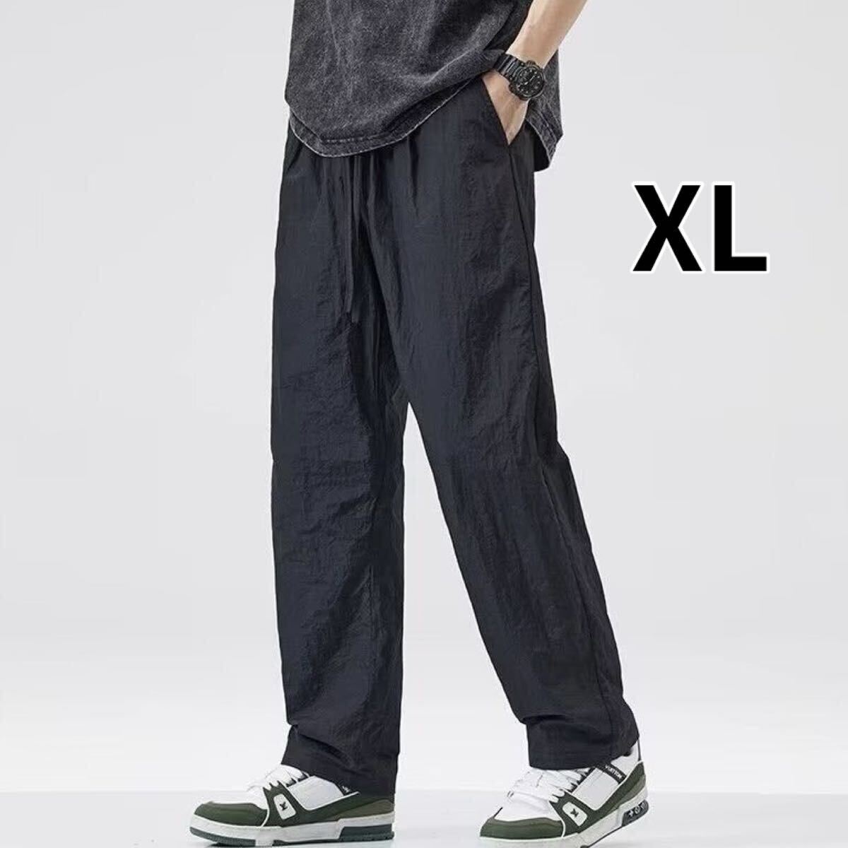 メンズ イージーパンツ 薄手 ワイドパンツ ストレート ストレッチ カジュアル 黒 ブラック XL LL 2L拍卖