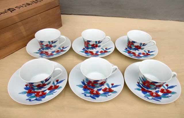 即決■今右衛門 錦椿絵紅茶碗 6客 共箱■カップ な-56拍卖