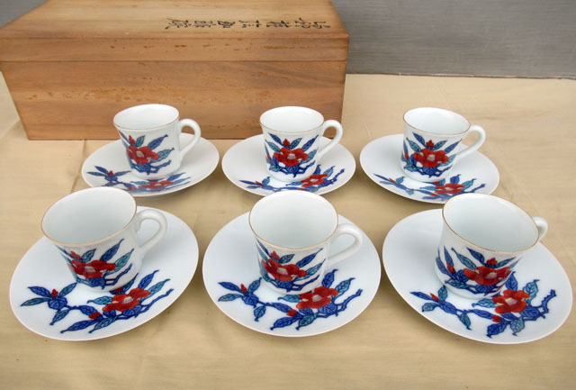 即決■今右衛門 錦椿絵珈琲碗 6客 共箱■カップ な-57拍卖