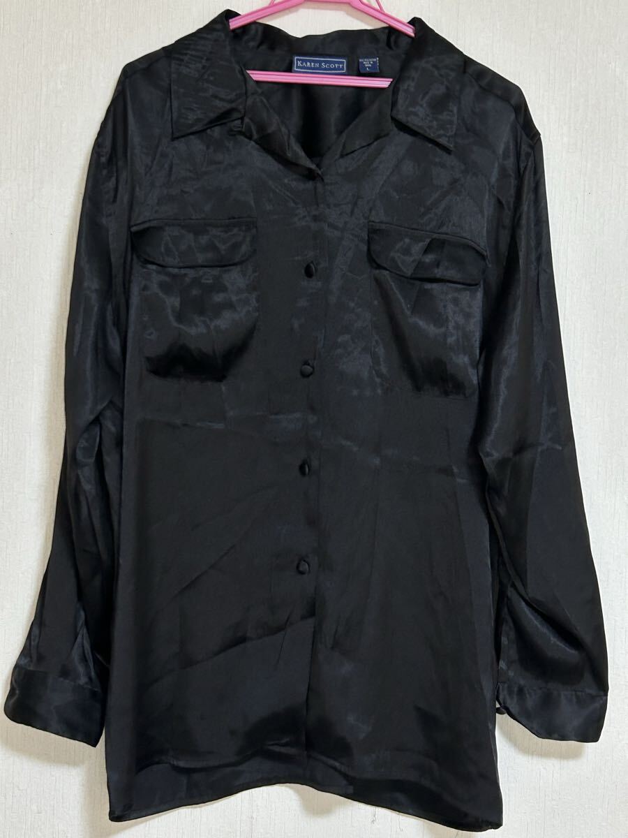 KAREN SCOTT カレンスコット 長袖 光沢ブラックシャツ ポリシャツ L拍卖