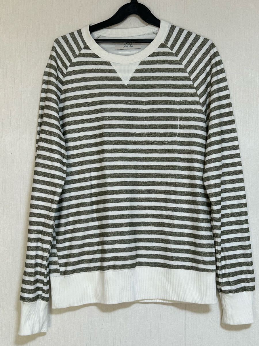 美品 made in Italy CRUNA クルーナ 裏使いボーダー柄 スウェット モスグリーン/白拍卖