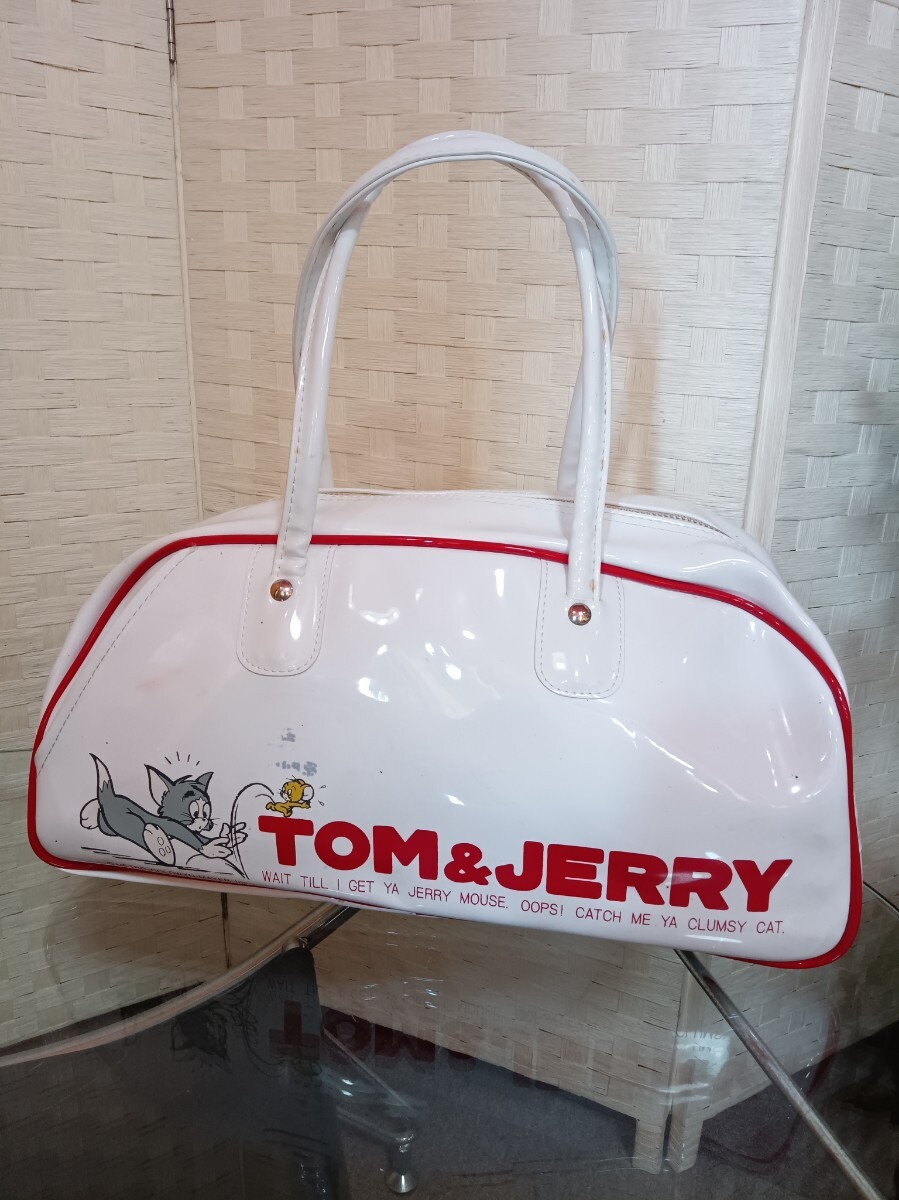 レトロ TOM&JERRY ヴィンテージ エナメル スポーツバッグ ホワイト 40cm×15cm トムとジェリー 型崩れ記名あり拍卖