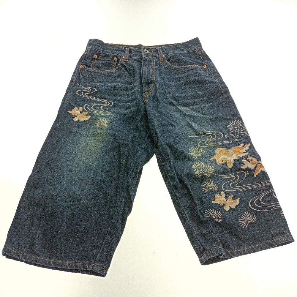 SCRIPT 花旅楽団スクリプト 刺繍デニム ハーフパンツ 和柄 金魚 水流 サイズ30 メンズ ジーンズ カジュアルファッション 中古拍卖