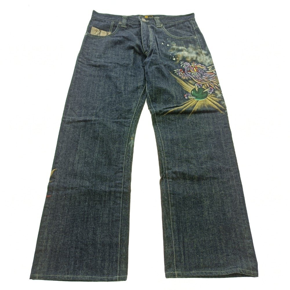 禅 ZEN 和柄 ペイントデニム ジーンズ 34サイズ 龍 玉 京伝 KYOTOSTYLE MADE IN JAPAN JEANS メンズ カジュアルファッション 中古拍卖
