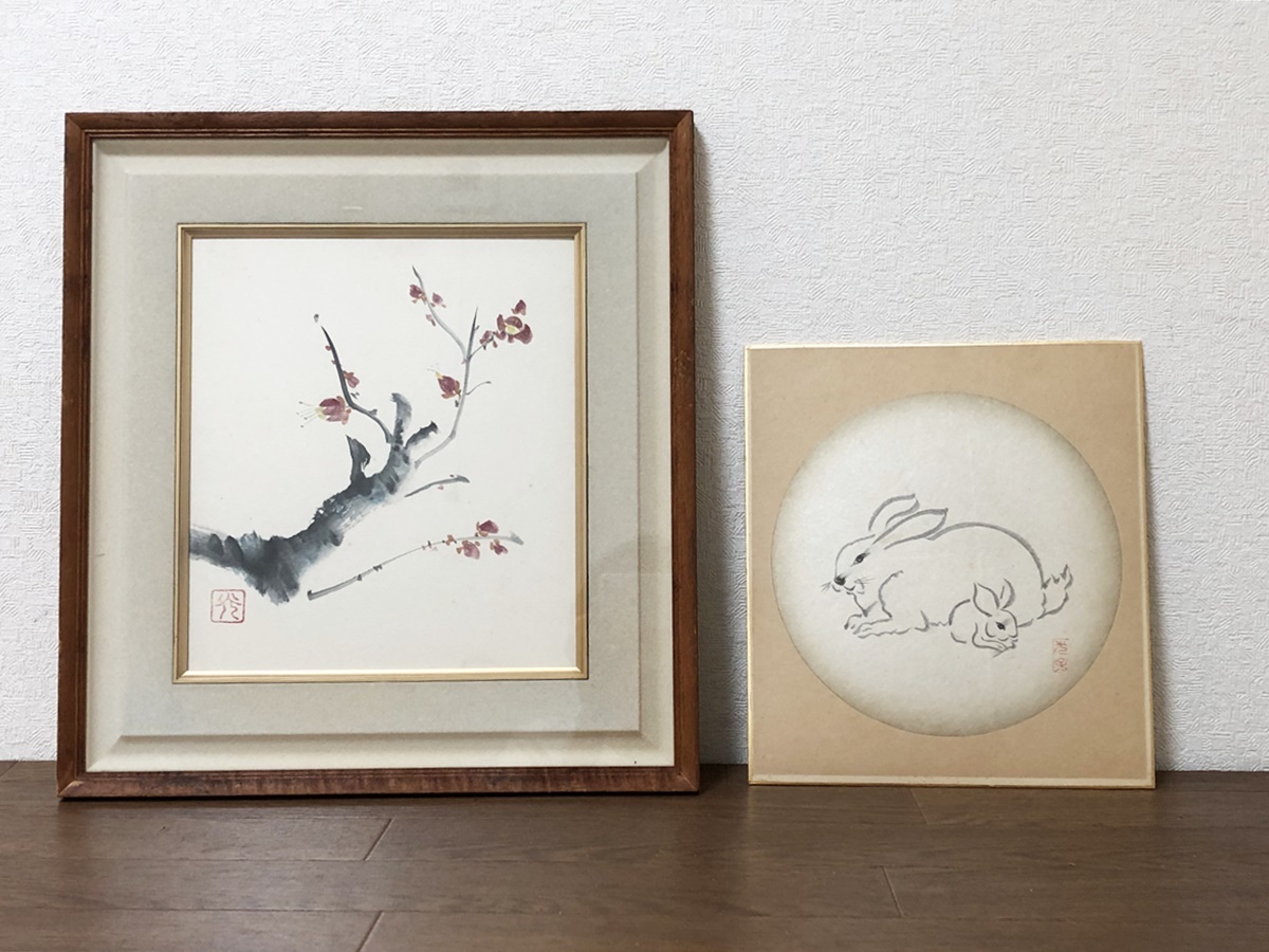 梅枝先・兎 和風色紙アート 壁アート 和室・リビングルーム装飾 額付き日本画 「模写」美術品インテリア拍卖