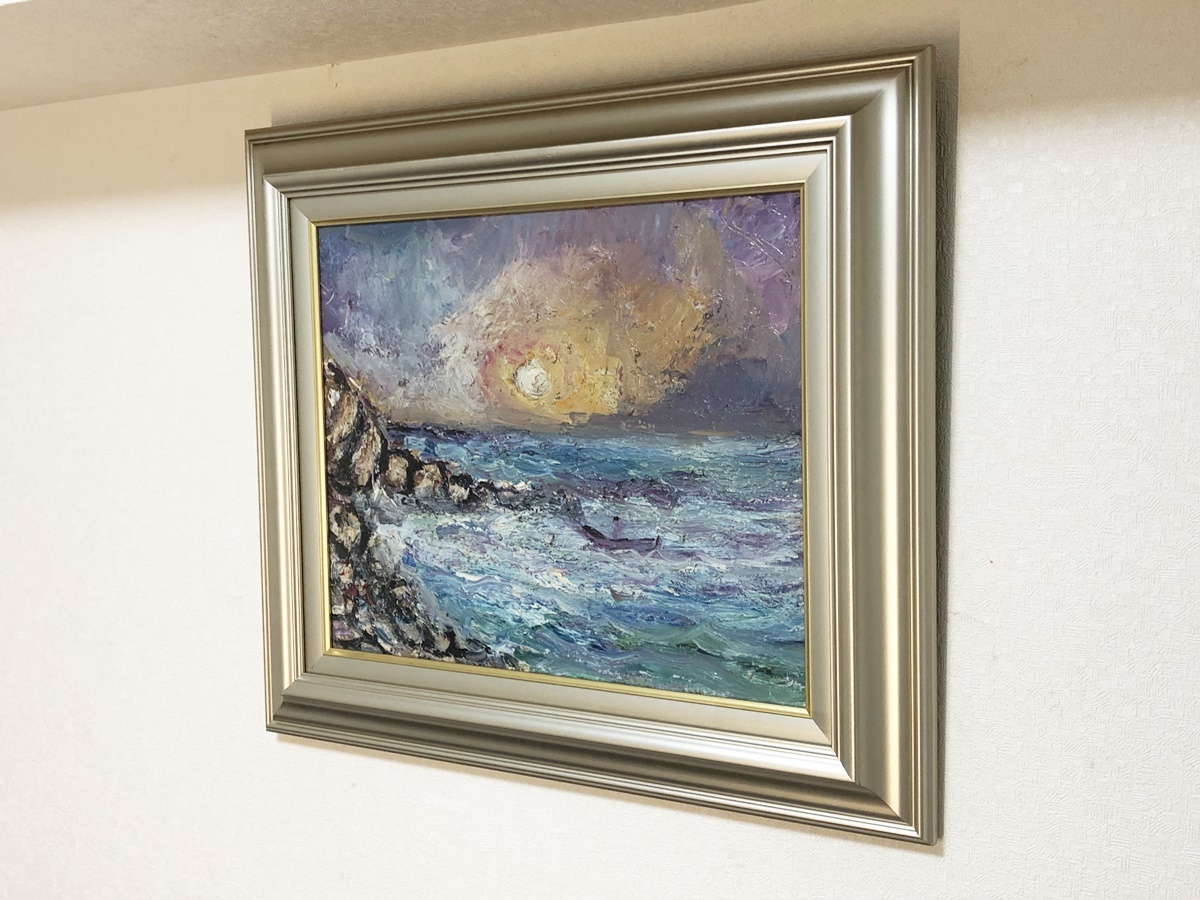 油絵 田中正盛 作 夕日と海 自然・風景画 vic art F8号「真作」油彩画 壁アート リビングルーム装飾 額付き 美術品インテリア拍卖