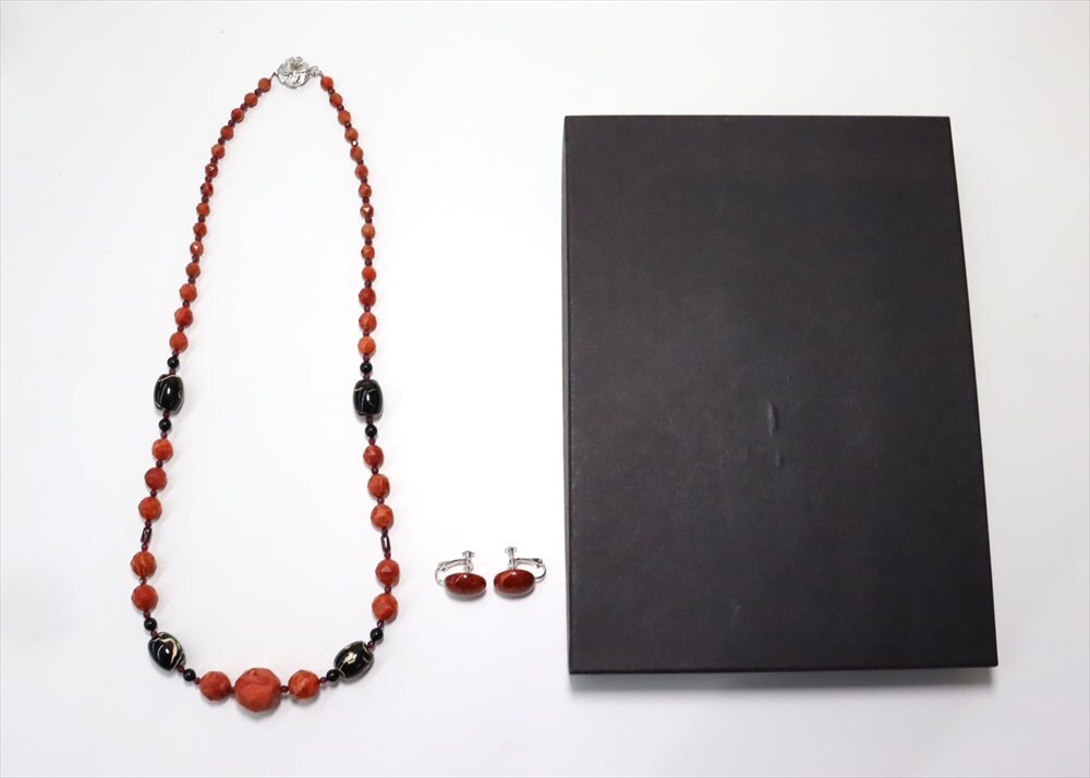 レッド ビーズ ネックレス ペンダント イヤリング レディース アクセサリー 首回り 約61cm A5157拍卖