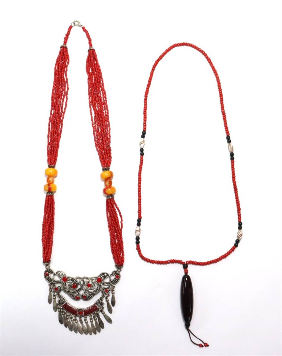 【2個セット】エスニック風 レッド ビーズ ネックレス ペンダント レディース アクセサリー 首回り 約64cm 約69cm A5154拍卖