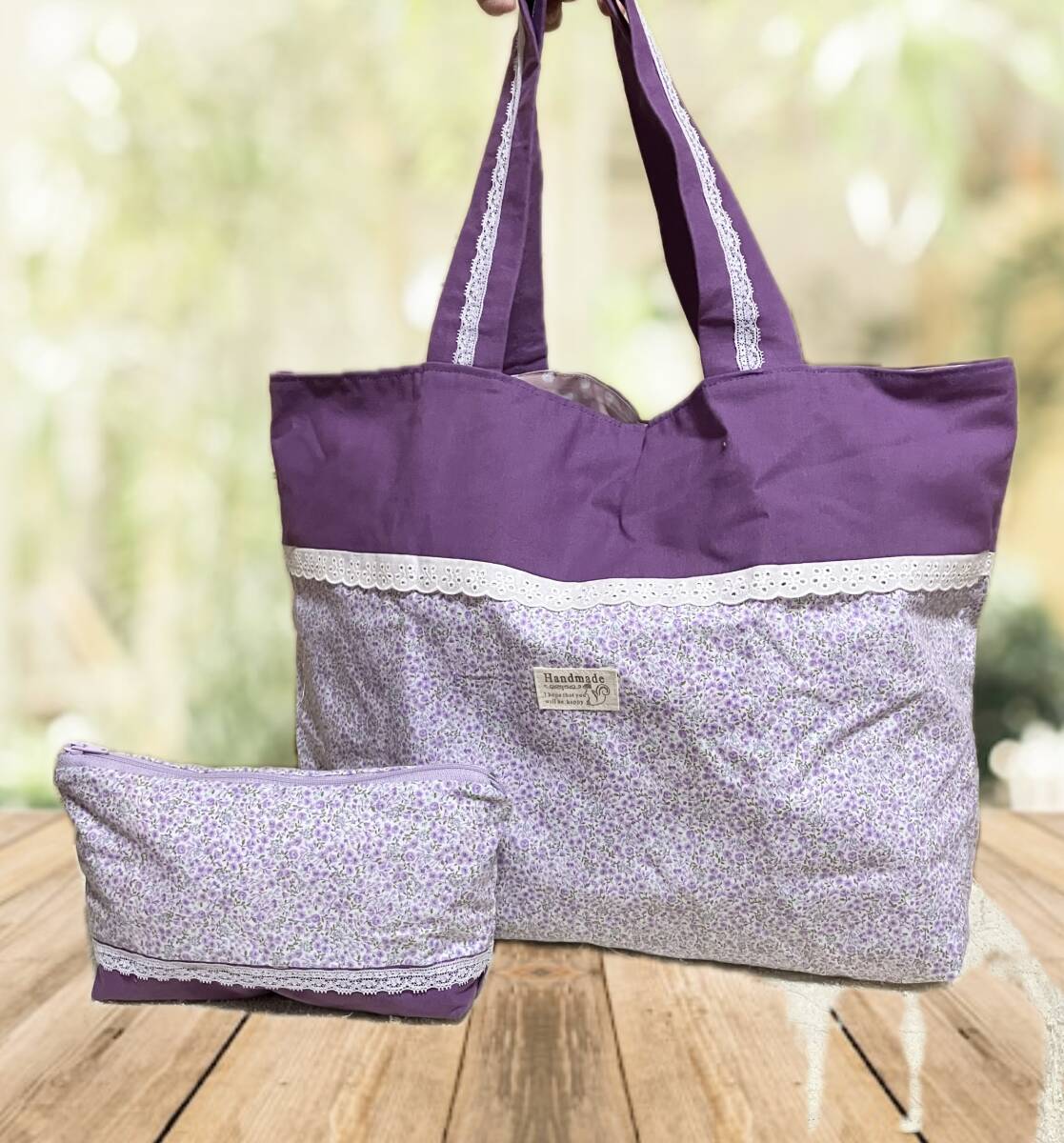 ハンドメイド☆紫の花柄切り替えトートバッグとポーチのセット☆拍卖