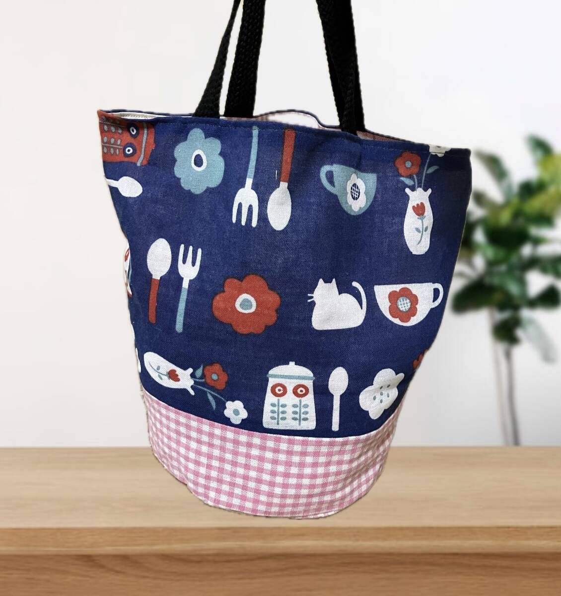 ハンドメイド☆チェックと北欧柄の丸底バケツバッグ拍卖