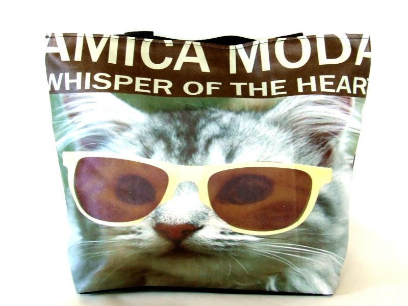 <値下げ>レディース向けおしゃれでかわいい小猫顔転写プリントトートバッグ/茶x黄拍卖