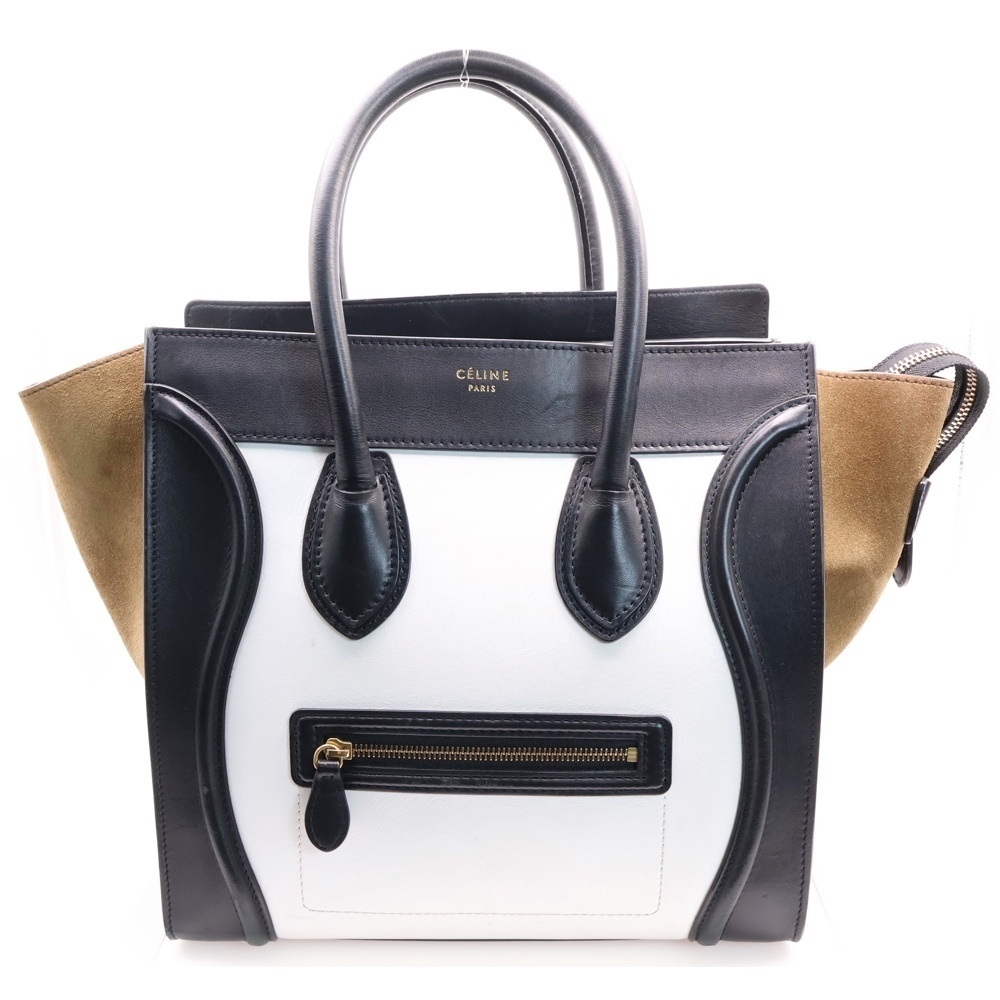 CELINE セリーヌ ラゲージ ショルダーバッグ トリコロール ハンドバッグ トートバッグ ブラック×ホワイト×カーキ ゴールド金具 レザー拍卖