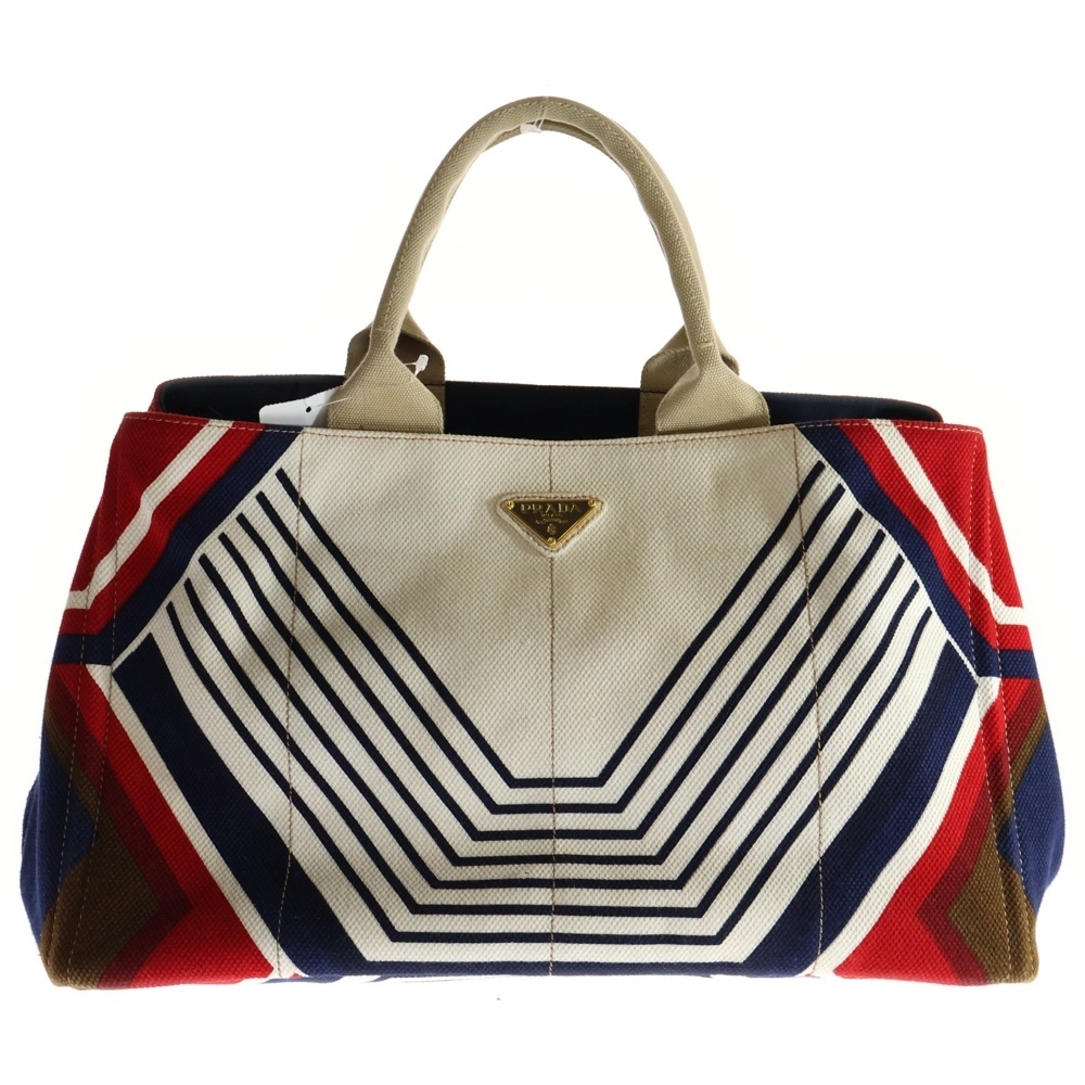 PRADA プラダ カナパL トートバッグ ハンドバッグ アイボリー×ネイビー×レッド ゴールド金具 キャンバス BN1872拍卖