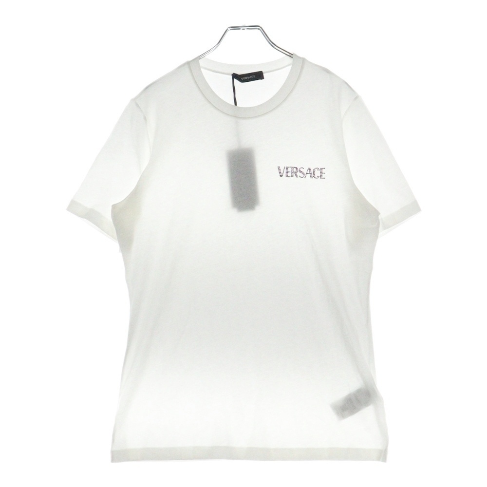 VERSACE ヴェルサーチ ラインストーンロゴ クルーネック半袖Tシャツカットソー ホワイト 1014555 レディース拍卖