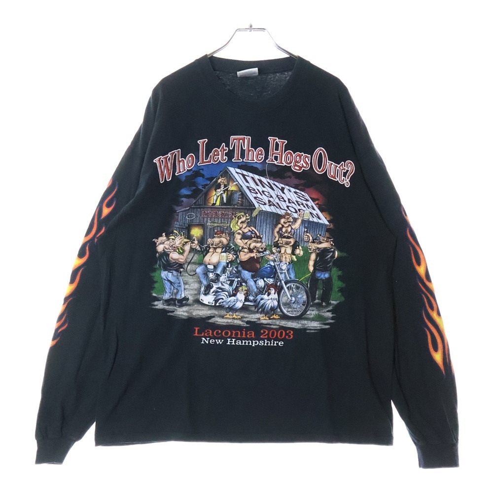 VINTAGE ヴィンテージ 00s LACONOA BALLY&RACES Who Let The Hogs Out L/S バイカー 袖フレイム Tシャツ 長袖カットソー ブラック拍卖