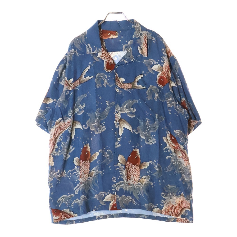 VINTAGE ヴィンテージ 90S 鯉の滝登り 総柄プリント アロハシャツ ブルー拍卖