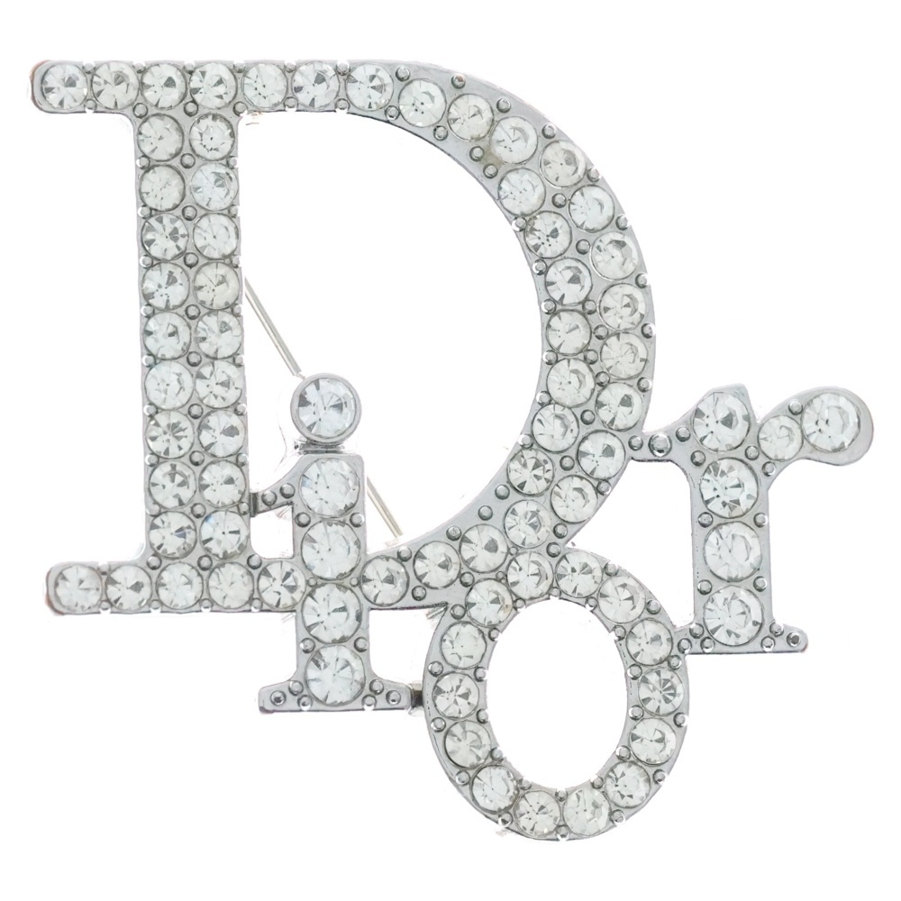 DIOR ディオール ラインストーン付き ロゴデザイン ブローチ シルバー拍卖