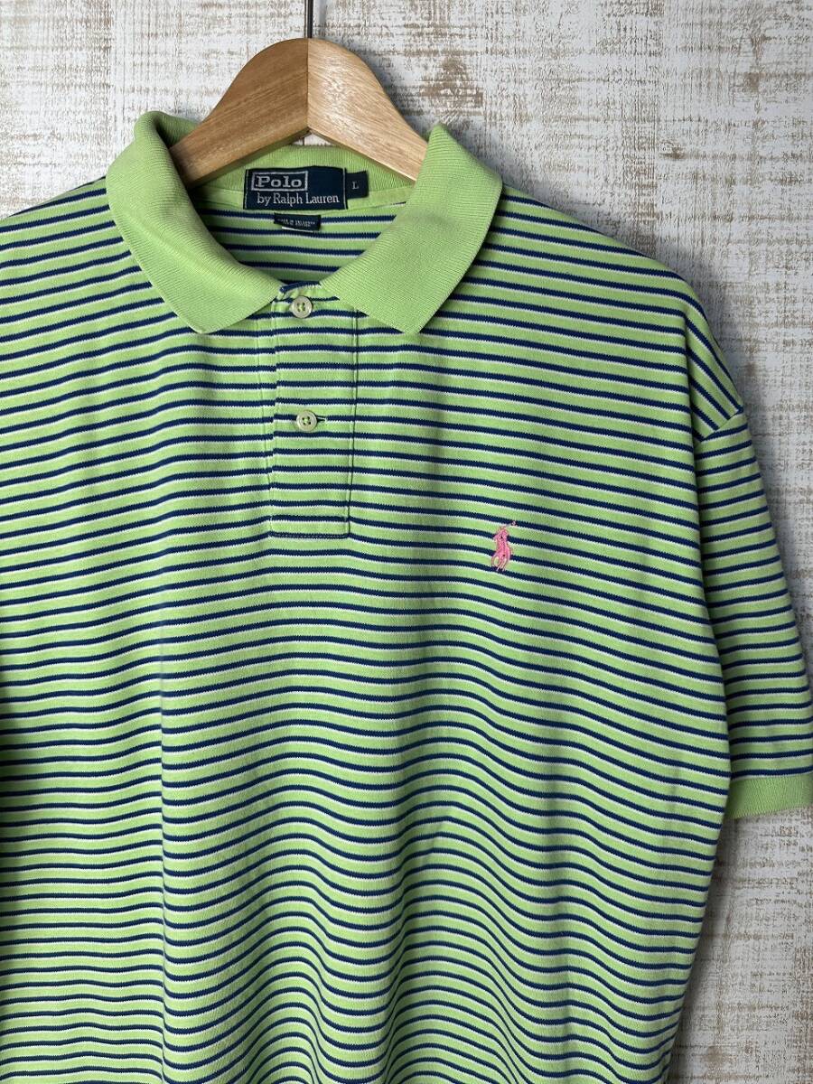 ☆US古着 POLO Ralph Lauren ポロシャツ ボーダー柄 半袖 ポニーロゴ刺 グリーン緑×ネイビー紺【L】天竺 ◆5078◆拍卖