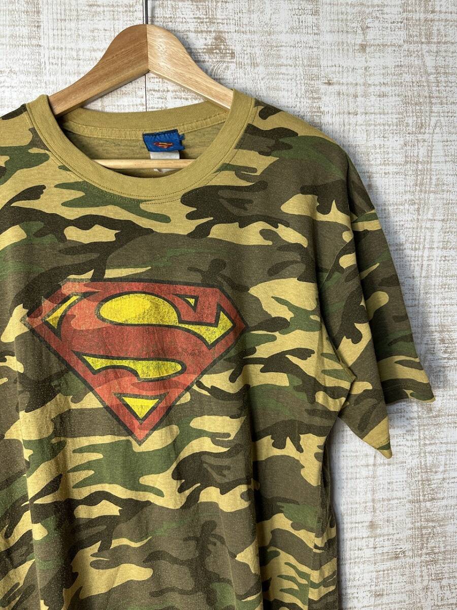 ☆US古着 スーパーマン ロゴTシャツ 迷彩柄 半袖 プリント グリーン緑ブラウン茶カーキ【Lくらい】コットン ◆5081◆拍卖