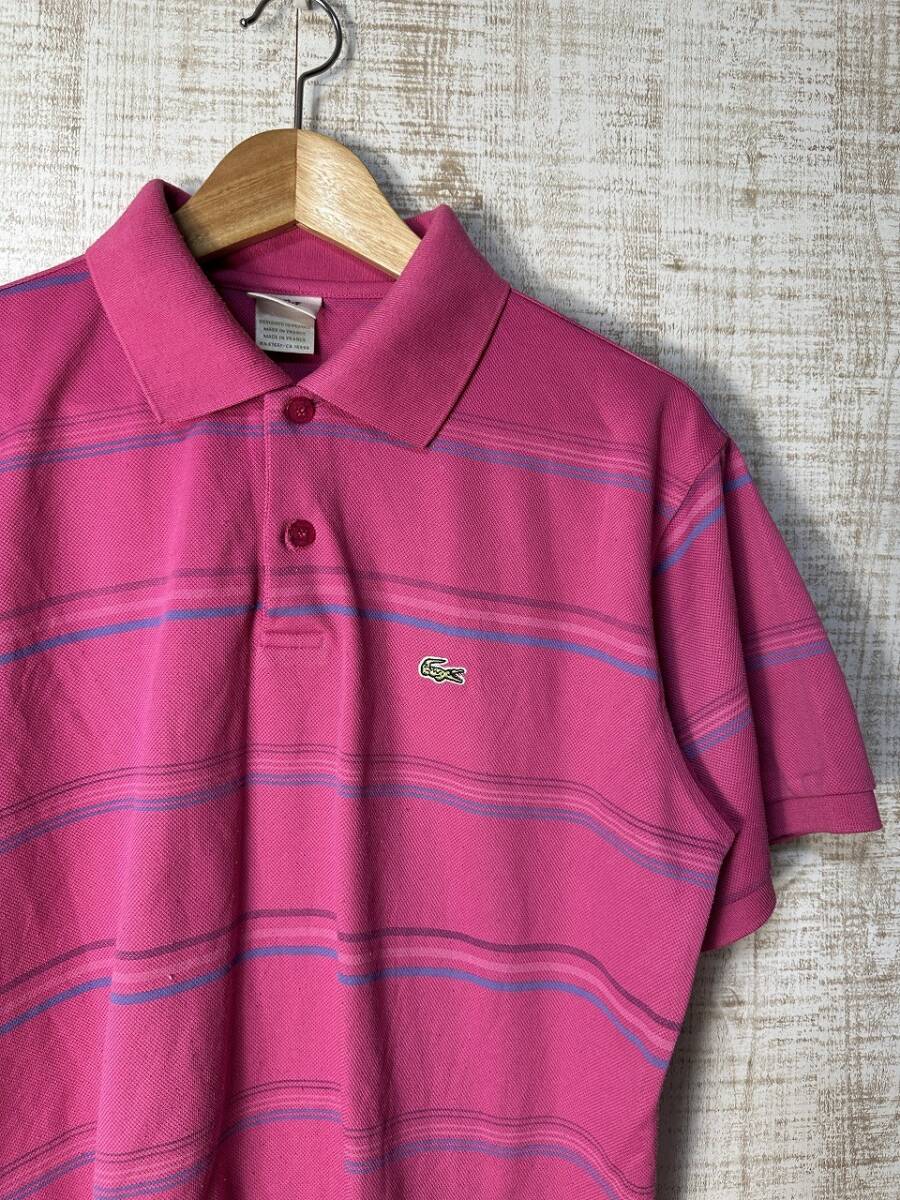 ☆US古着 LACOSTE ラコステ ポロシャツ ワニ ロゴ刺繍 ボーダー柄 半袖 ピンク×ブルー青【4(M)】鹿の子 ◆5093◆拍卖