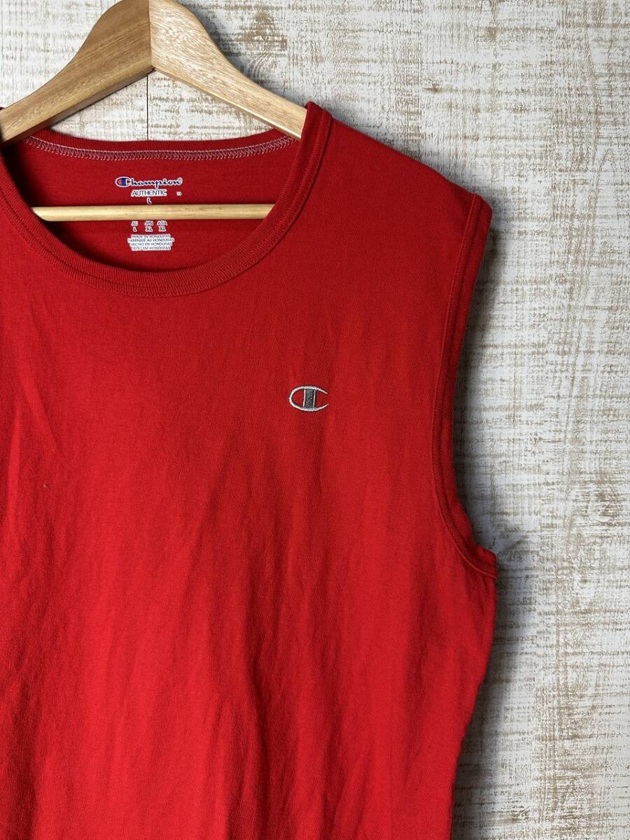 ☆US古着 Champion チャンピオン タンクトップ ノースリーブ Tシャツ ロゴ刺繍 レッド赤【L】コットン ◆5097◆拍卖