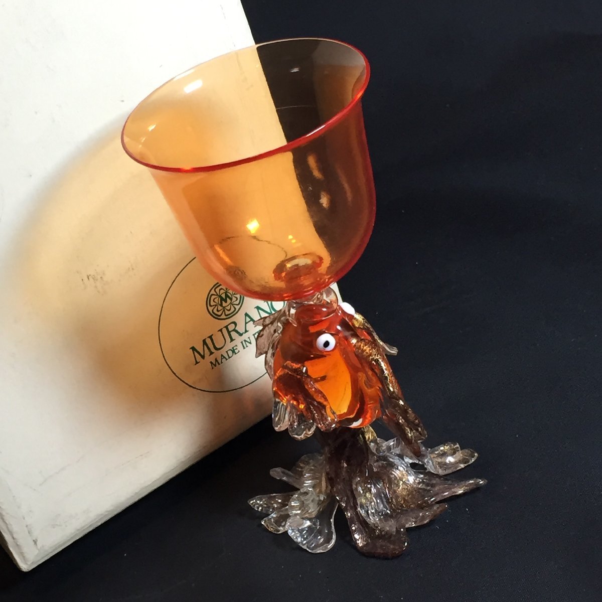 3404-60【 MURANO 】 ムラーノ ムラノ グラス フィッシュ ベネチアングラス フィッシュステム ワイン オレンジ イタリア製 工芸品 レア拍卖
