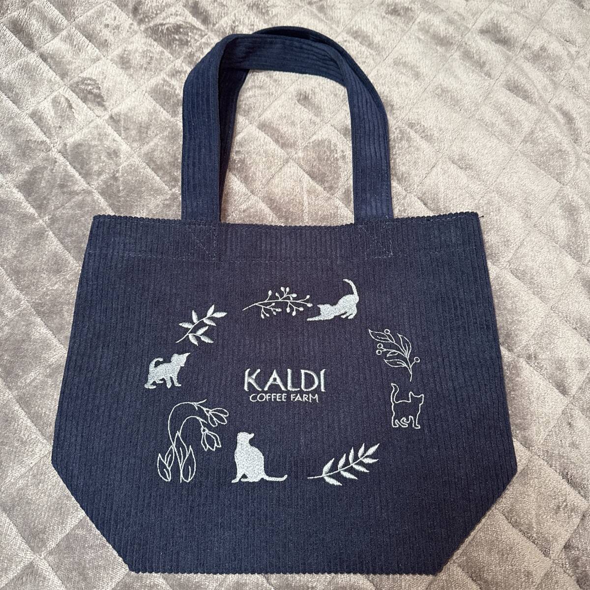 【未使用品】 KALDI カルディ コーデュロイ素材 トートバッグ 猫柄 ネイビー お出かけ お買い物 旅行 トラベル ランチトート拍卖
