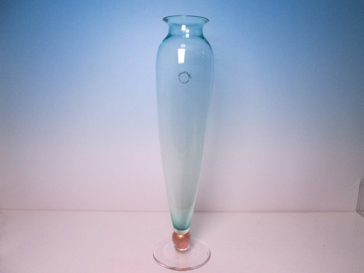 ☆MURANO ITALY V.NASON&C. ムラノ サイン入り 金彩淡いグリーン硝子花瓶 33cm ケース無し拍卖