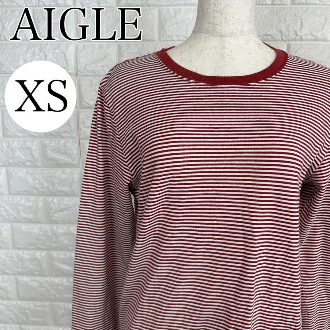 【A1506】 AIGLE エーグル XS ボーダー ロングTシャツ レッド レディース ロングスリーブ ロンT クルーネック 赤×白 メンズライク拍卖