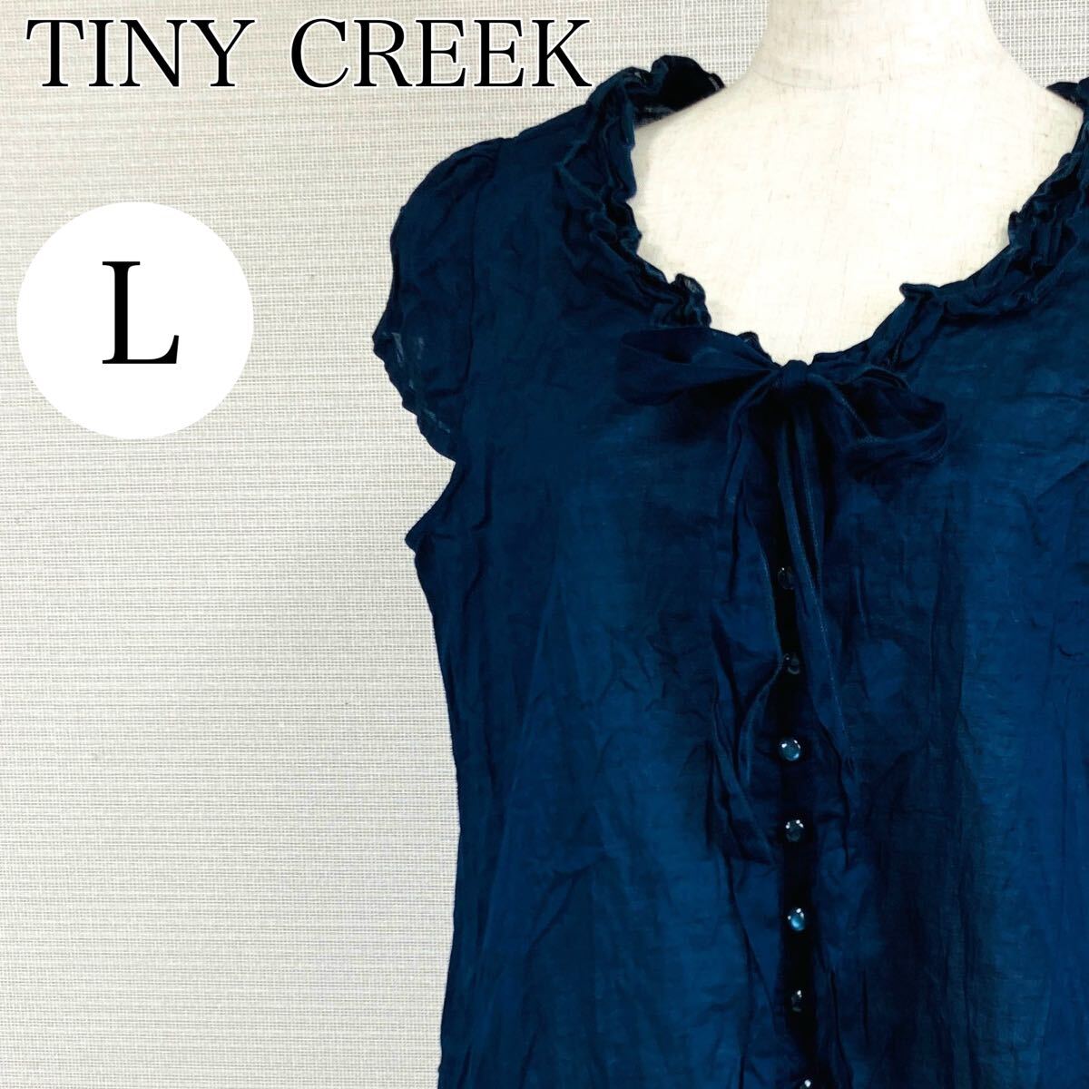 【AA4100】 TINY CREEK タイニークリーク Lサイズ トップス ブラウス シャツ ネイビー(紺) アームレット 裾刺繍 綿100% レディース リボン拍卖