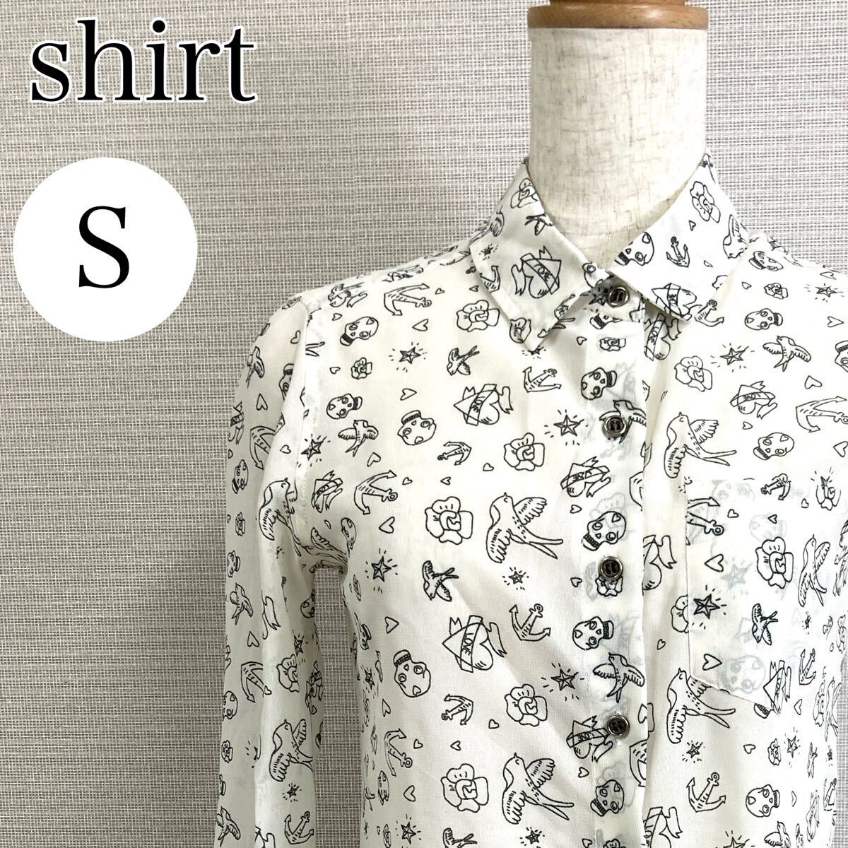 【AA4108】 シャツ Sサイズ トップス ホワイト 総柄 スタンダードカラー ロングスリーブ 長袖 胸ポケット レディース カジュアル バード拍卖