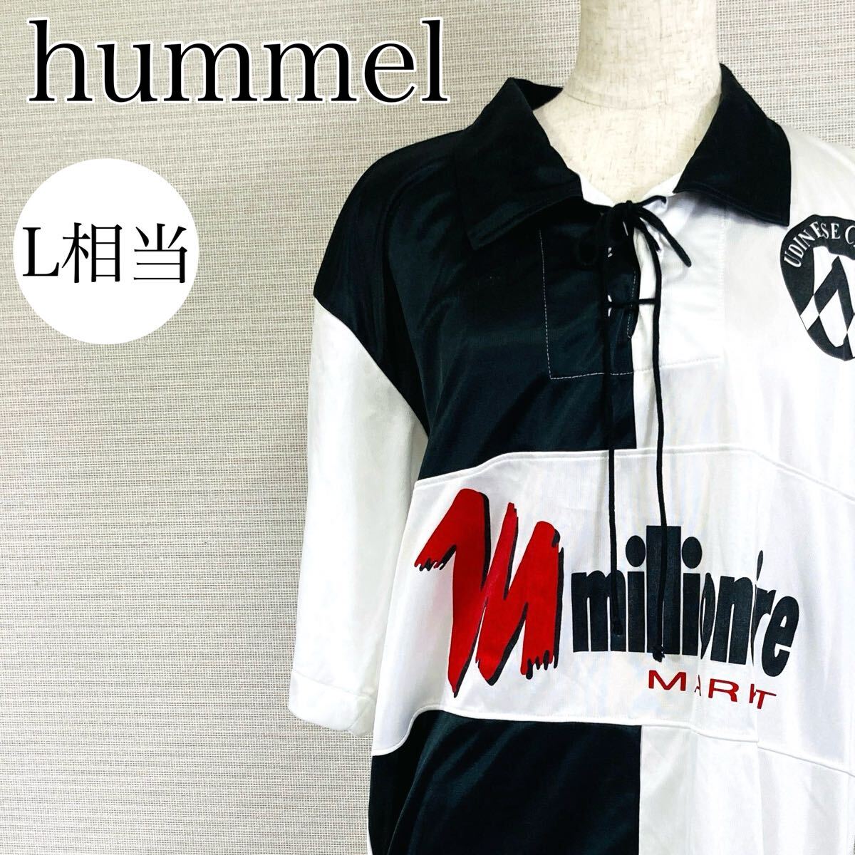 【AA4152】 hummel ヒュンメル Lサイズ相当 トップス シャツ ホワイト ブラック 襟付き 半袖 スポーツ メンズ バックプリント ロゴ 英字拍卖