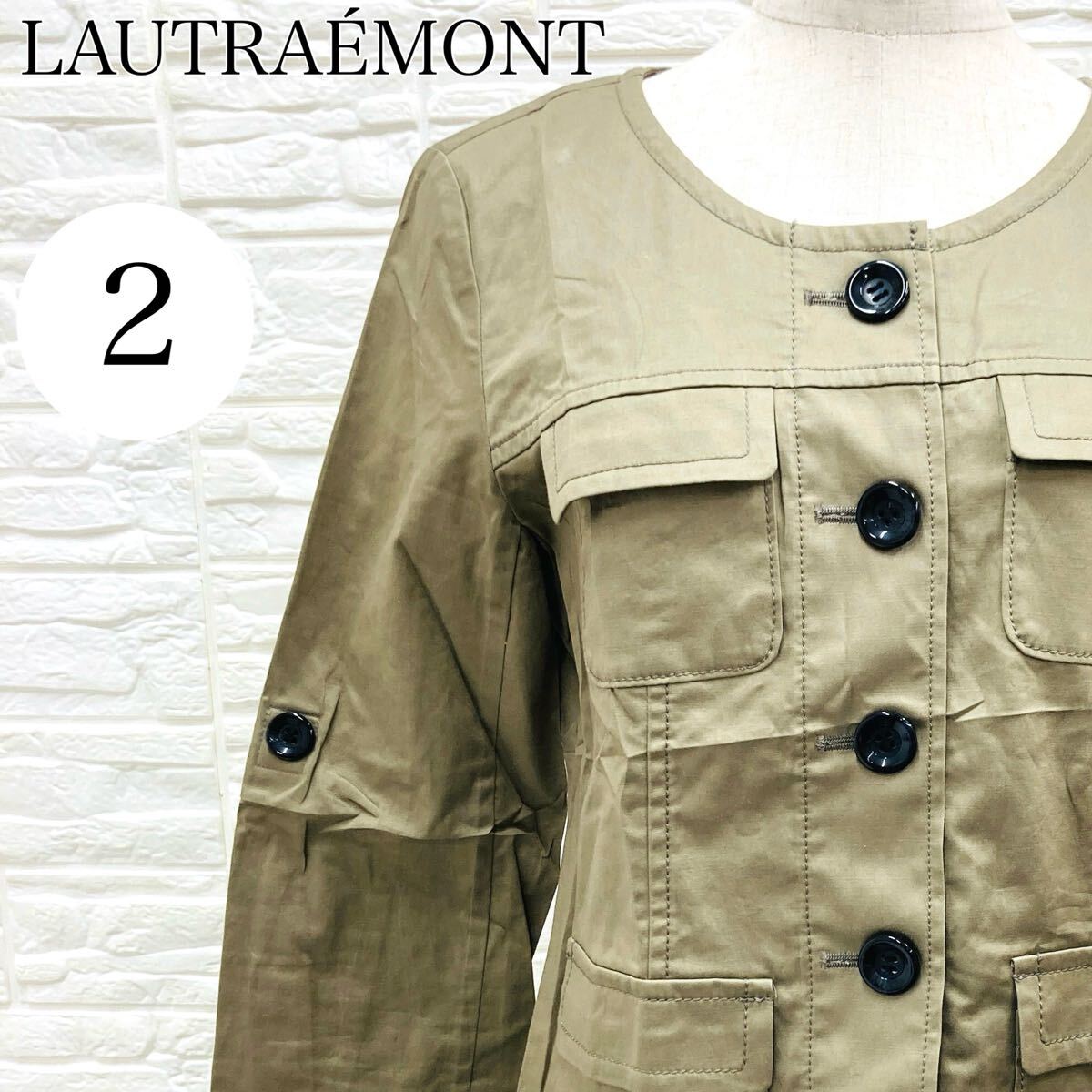 【A4234】 LAUTRAMONT ロートレアモン 2サイズ ジャケット アウター 半端袖 カーキ レディース ノーカラー コート カジュアル 胸ポケット拍卖