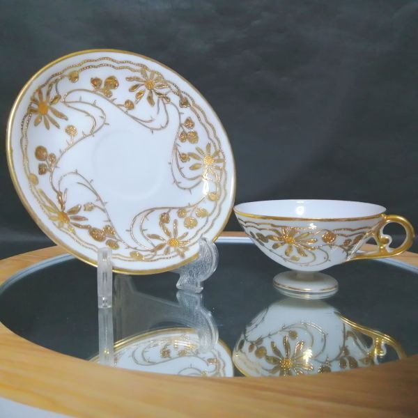 オールドニッポン◆ミカド 金盛上果実図紋 アールヌーボー ペディスタル カップ&ソーサー拍卖