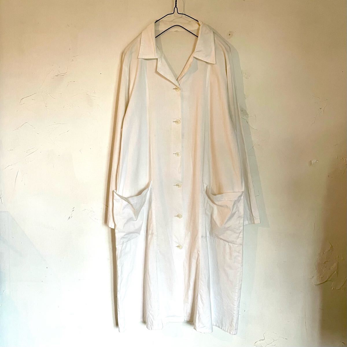 ヴィンテージ 薄手 コットン生地 オープンカラー ショップコート 5 ロングシャツ アトリエコート 白色 レディースM ビンテージ古着拍卖